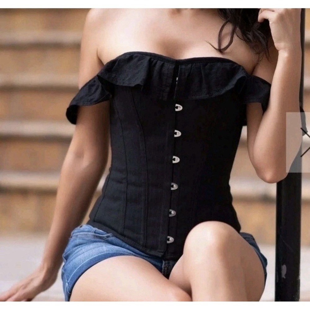 Corset Story Black Textured Cotton Corset Top Off The Shoulder Renaissance